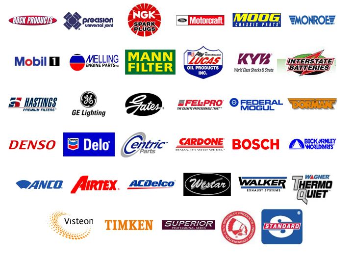 Automotive parts company logos including Monroe, Mobil 1, interstate batteries, GE, ACDelco and Bosch